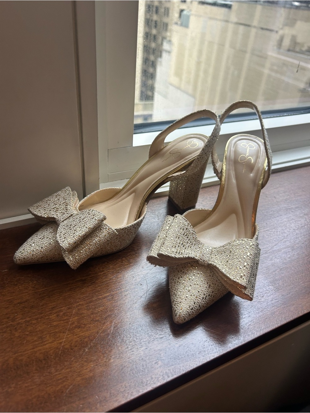 Jessica Simpson Glitter Gold Bow Slingback Heels